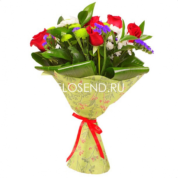 Букет из белых хризантем и красных роз, фото 3